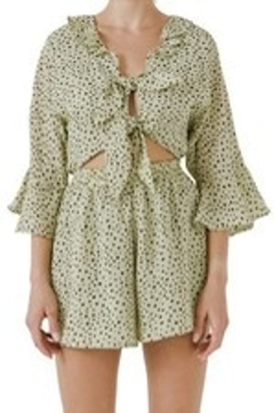 Free the Roses Polka Dot Tie Romper in Pistachio